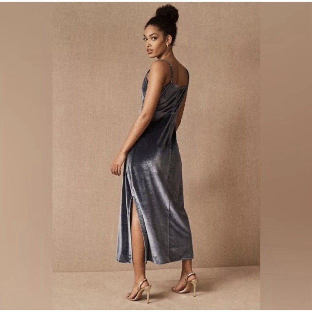 Anthro BHLDN Nasha Velvet Maxi Dress Women's Size 8 Blue Draped Neck Bridesmaid - Picture 3 of 13